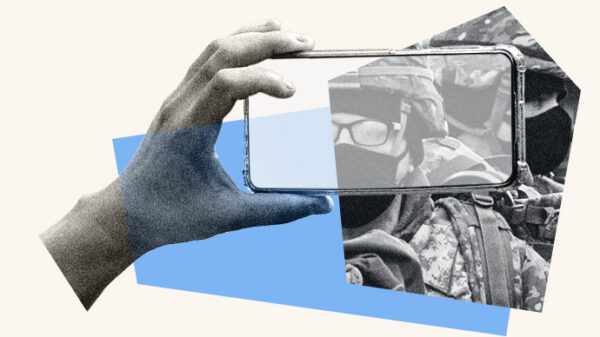 A collage of a phone camera recording federal agents.