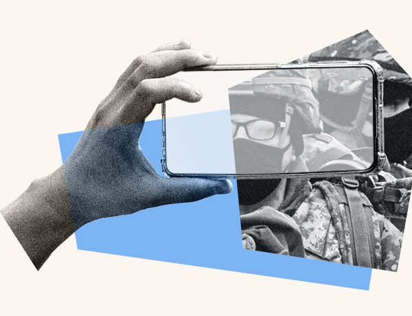 A collage of a phone camera recording federal agents.