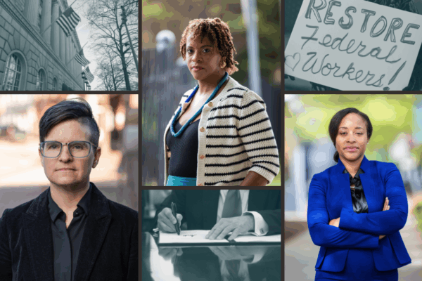 Three women federal workers in power poses