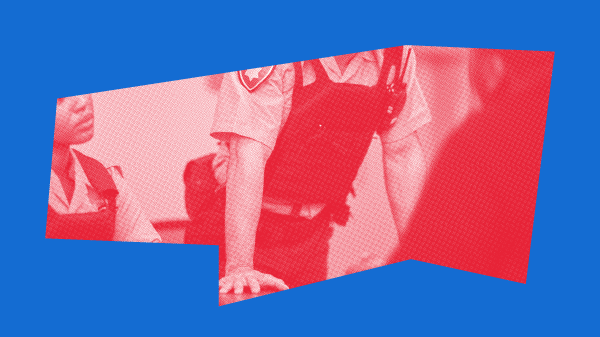 Stylized graphic of police officers in uniform wearing bulletproof vests, tinted red against a blue background. The design uses sharp geometric framing and halftone texture.