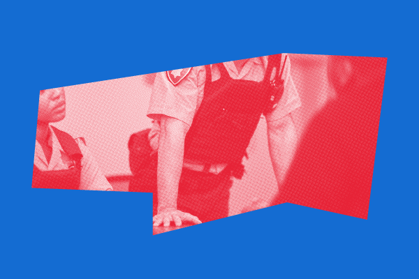 Stylized graphic of police officers in uniform wearing bulletproof vests, tinted red against a blue background. The design uses sharp geometric framing and halftone texture.