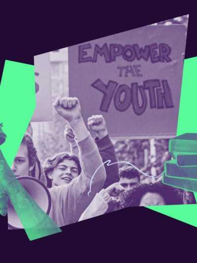 dual tone collage in purple and green with students protesting