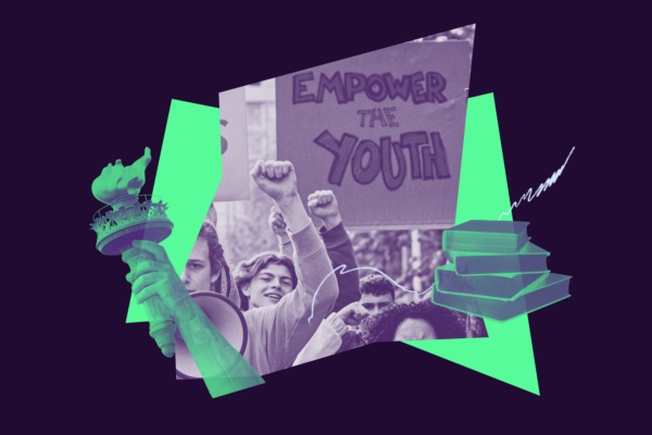dual tone collage in purple and green with students protesting