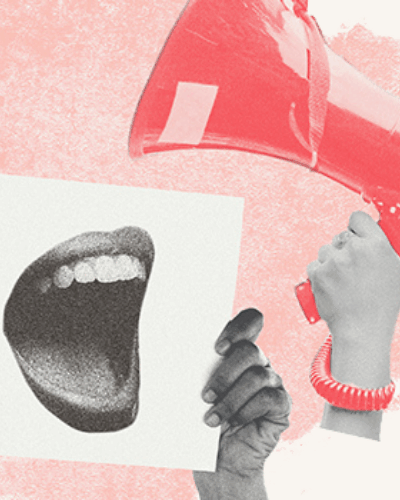 decorative image of a bullhorn and a person holding a protest sign