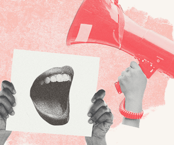 decorative image of a bullhorn and a person holding a protest sign