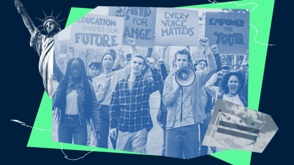 A diverse group of young people march and hold protest signs reading “Education shapes our future,” “Stand for change,” “Every voice matters,” and “Empower the youth.” One person speaks through a megaphone. The image includes an artistic collage featuring the Statue of Liberty, the Washington, D.C. flag, and bold green geometric shapes against a dark blue background.