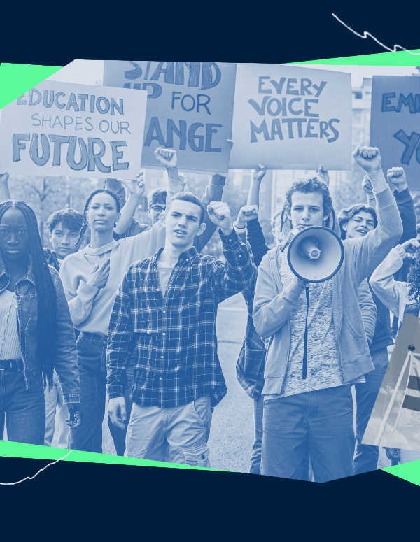 A diverse group of young people march and hold protest signs reading “Education shapes our future,” “Stand for change,” “Every voice matters,” and “Empower the youth.” One person speaks through a megaphone. The image includes an artistic collage featuring the Statue of Liberty, the Washington, D.C. flag, and bold green geometric shapes against a dark blue background.