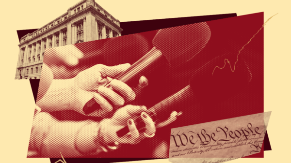 A collage featuring hands holding microphones, symbolizing media and press coverage. In the background, there is a large government building and a fragment of the U.S. Constitution with the words “We the People.” The design uses a red and beige color scheme with layered geometric shapes.