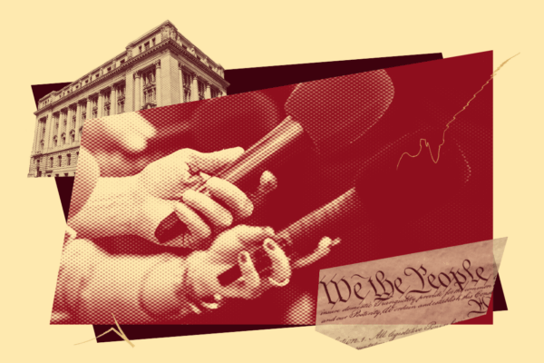 A collage featuring hands holding microphones, symbolizing media and press coverage. In the background, there is a large government building and a fragment of the U.S. Constitution with the words “We the People.” The design uses a red and beige color scheme with layered geometric shapes.