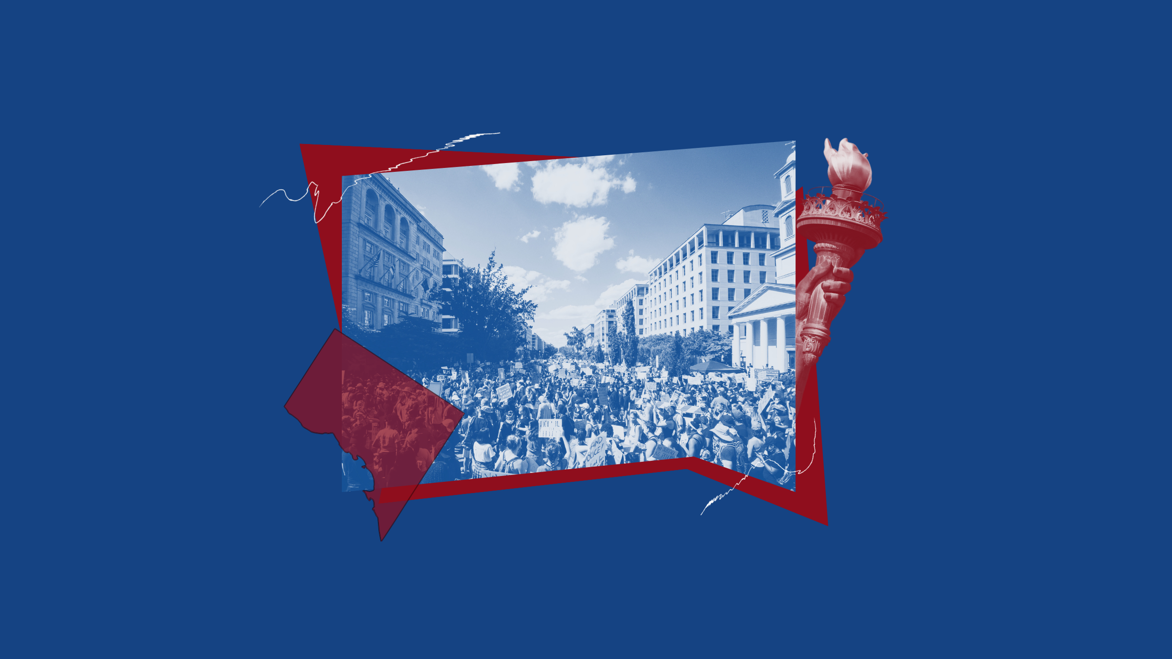 A stylized graphic showing a large crowd of people gathered for a protest or rally on a city street lined with multi-story buildings. The photo is in blue tones and framed by a bold red outline with jagged edges. On the right side, there is an illustration of the Statue of Liberty’s torch, and on the left, a red geometric shape resembling a map outline.