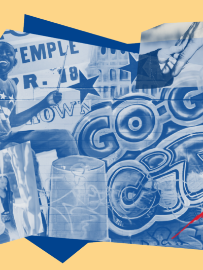 A collage-style graphic featuring blue-toned images and text on a beige background. The composition includes a person playing a drum, a large drum in the center, and graffiti-style artwork with the words “GO GO CITY.” Another image of a person holding a child's hand and another image of a Black man speaking to community members in an urban farm. Red scribble-like lines accent the design, and layered rectangular shapes create a dynamic, artistic layout.