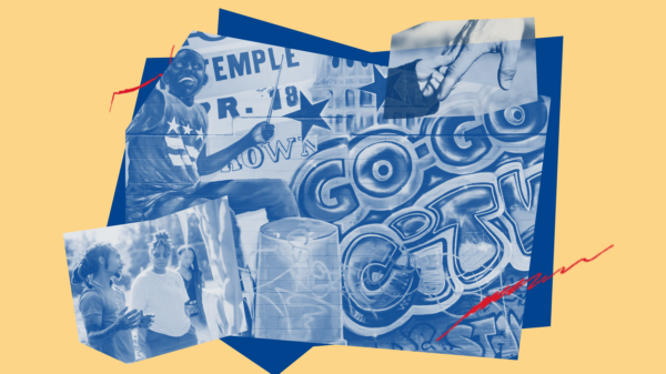 A collage-style graphic featuring blue-toned images and text on a beige background. The composition includes a person playing a drum, a large drum in the center, and graffiti-style artwork with the words “GO GO CITY.” Another image of a person holding a child's hand and another image of a Black man speaking to community members in an urban farm. Red scribble-like lines accent the design, and layered rectangular shapes create a dynamic, artistic layout.