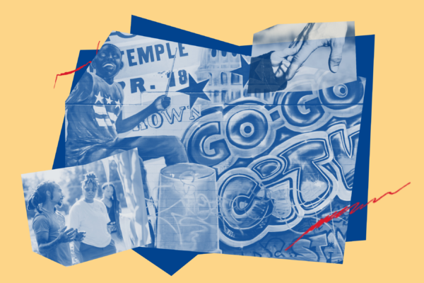 A collage-style graphic featuring blue-toned images and text on a beige background. The composition includes a person playing a drum, a large drum in the center, and graffiti-style artwork with the words “GO GO CITY.” Another image of a person holding a child's hand and another image of a Black man speaking to community members in an urban farm. Red scribble-like lines accent the design, and layered rectangular shapes create a dynamic, artistic layout.
