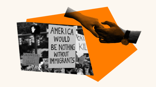 A black‑and‑white photo of a protest crowd holding a sign that reads “America would be nothing without immigrants,” overlaid with an orange geometric shape and a stylized illustration of two hands reaching toward each other.