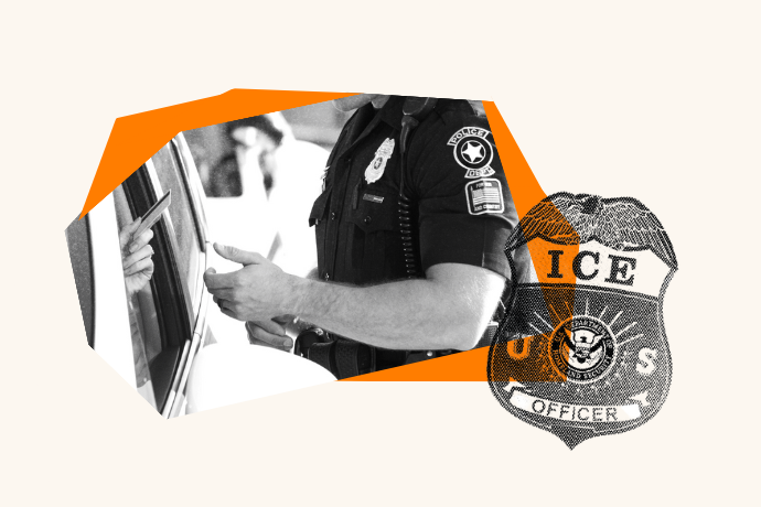 A black‑and‑white photo showing a uniformed officer interacting with someone in a car, with an orange geometric background and a stylized ICE badge illustration on the right.