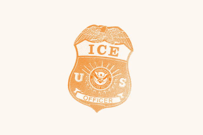 An orange, stylized illustration of a U.S. ICE officer badge on a light background.