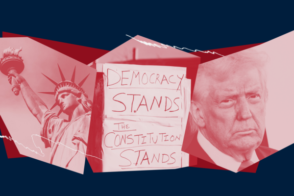 A stylized graphic with a dark blue background featuring three overlapping red-tinted panels. The left panel shows the Statue of Liberty holding a torch. The center panel displays a handwritten sign that reads “DEMOCRACY STANDS” and “THE CONSTITUTION STANDS.” The right panel includes an image of Donald Trump.