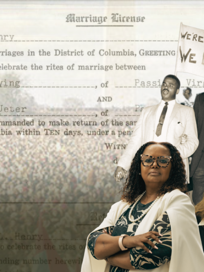 collage of historical figures throughout aCLU-DC history include the Loving family, Dr. Martin Luther king and a clients from various cases