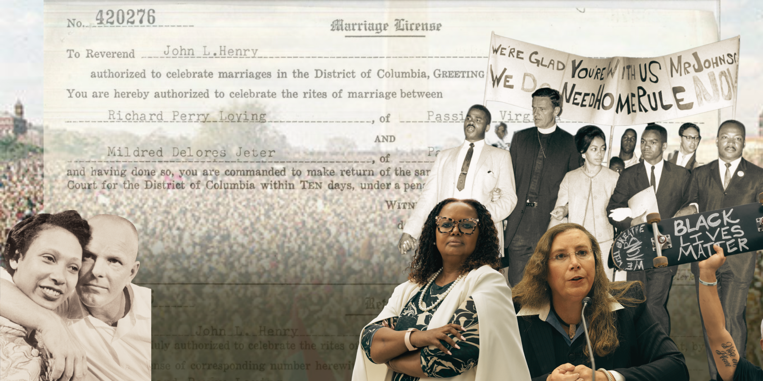 collage of historical figures throughout aCLU-DC history include the Loving family, Dr. Martin Luther king and a clients from various cases