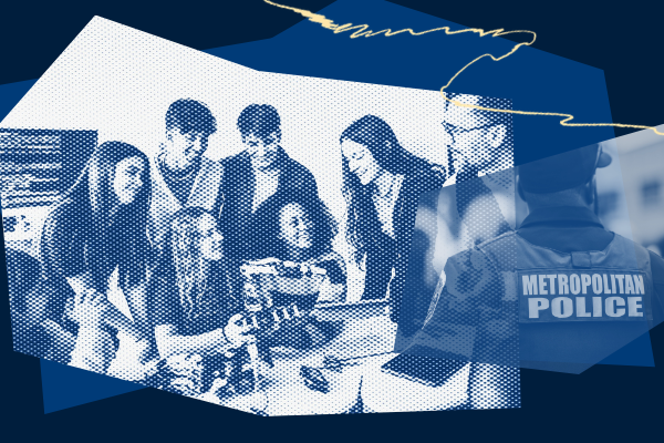 Blue background, young teens congregated and a snapshot of a police officer.