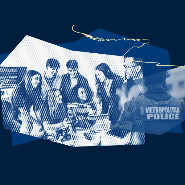 Blue background, young teens congregated and a snapshot of a police officer.