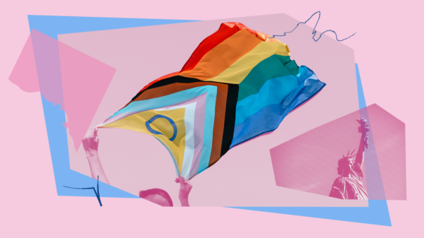 A collage image depicting the LGBTQIA+ flag and an overlay of the statue of liberty.