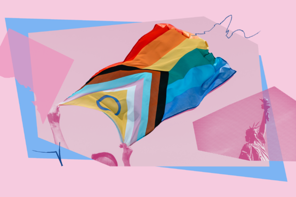 A collage image depicting the LGBTQIA+ flag and an overlay of the statue of liberty.