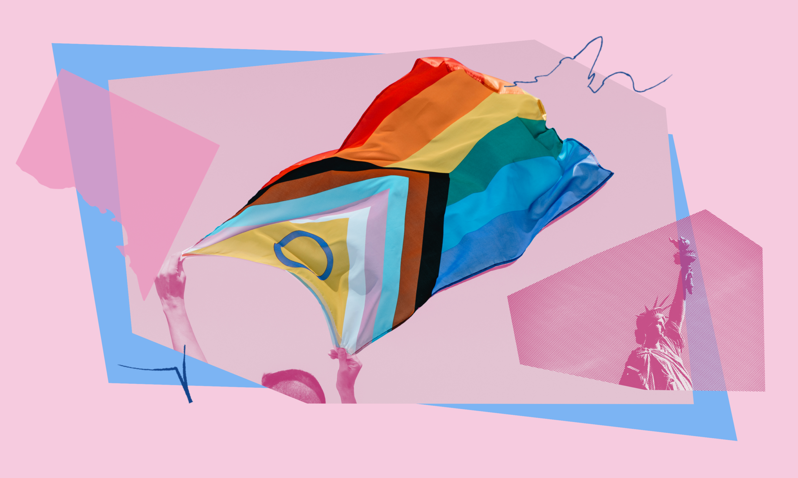 A collage image depicting the LGBTQIA+ flag and an overlay of the statue of liberty.