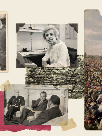 Collage of historical photos (including a large group of protestors near the Washington Monument) and the cover of a report that reads "May Day 1971, Order Without Law"