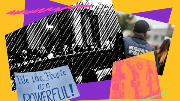 Decorative collage showing the d.c. council, an image of a capitol police officer and a sign saying we the people are powerful