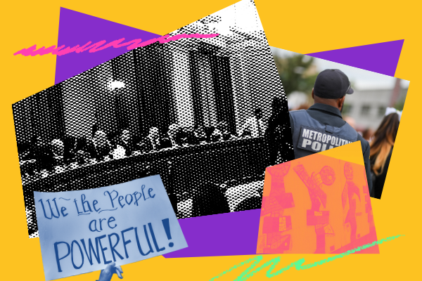 Decorative collage showing the d.c. council, an image of a capitol police officer and a sign saying we the people are powerful