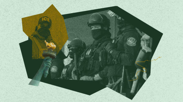 Stylized collage featuring images of federal officers in tactical gear, an ICE agent, and the Statue of Liberty's torch on a green textured background. The image accompanies a discussion on federal accountability and government power in Washington, D.C.