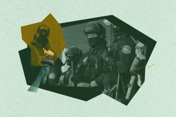 Stylized collage featuring images of federal officers in tactical gear, an ICE agent, and the Statue of Liberty's torch on a green textured background. The image accompanies a discussion on federal accountability and government power in Washington, D.C.