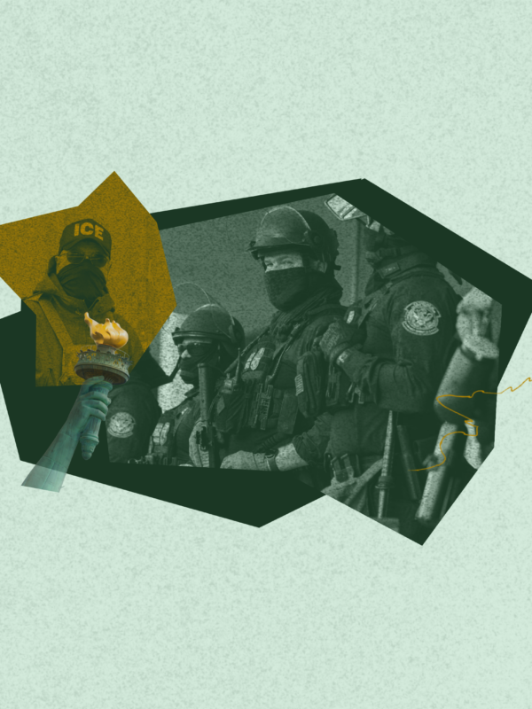 Stylized collage featuring images of federal officers in tactical gear, an ICE agent, and the Statue of Liberty's torch on a green textured background. The image accompanies a discussion on federal accountability and government power in Washington, D.C.