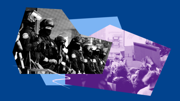Image shows a black and white rendition of ICE agents, with a collage feature of people protesting