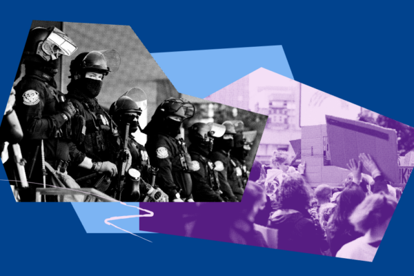 Image shows a black and white rendition of ICE agents, with a collage feature of people protesting