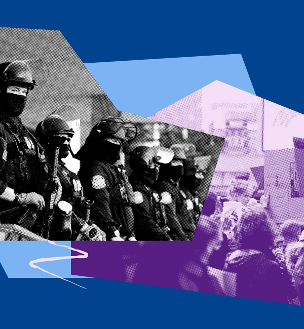 Image shows a black and white rendition of ICE agents, with a collage feature of people protesting