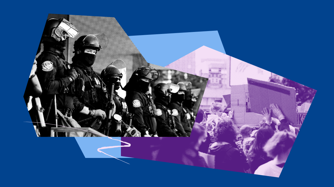 Image shows a black and white rendition of ICE agents, with a collage feature of people protesting