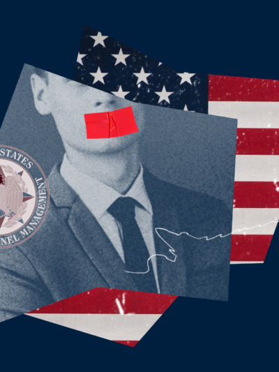 Collage image with an American flag, OPM logo, and a federal officer with tape over its mouth.