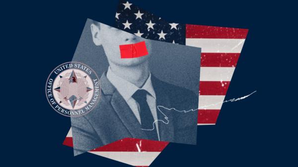 Collage image with an American flag, OPM logo, and a federal officer with tape over its mouth.