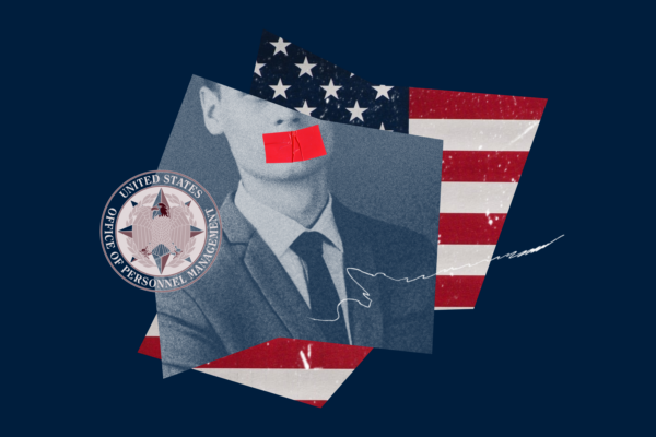 Collage image with an American flag, OPM logo, and a federal officer with tape over its mouth.