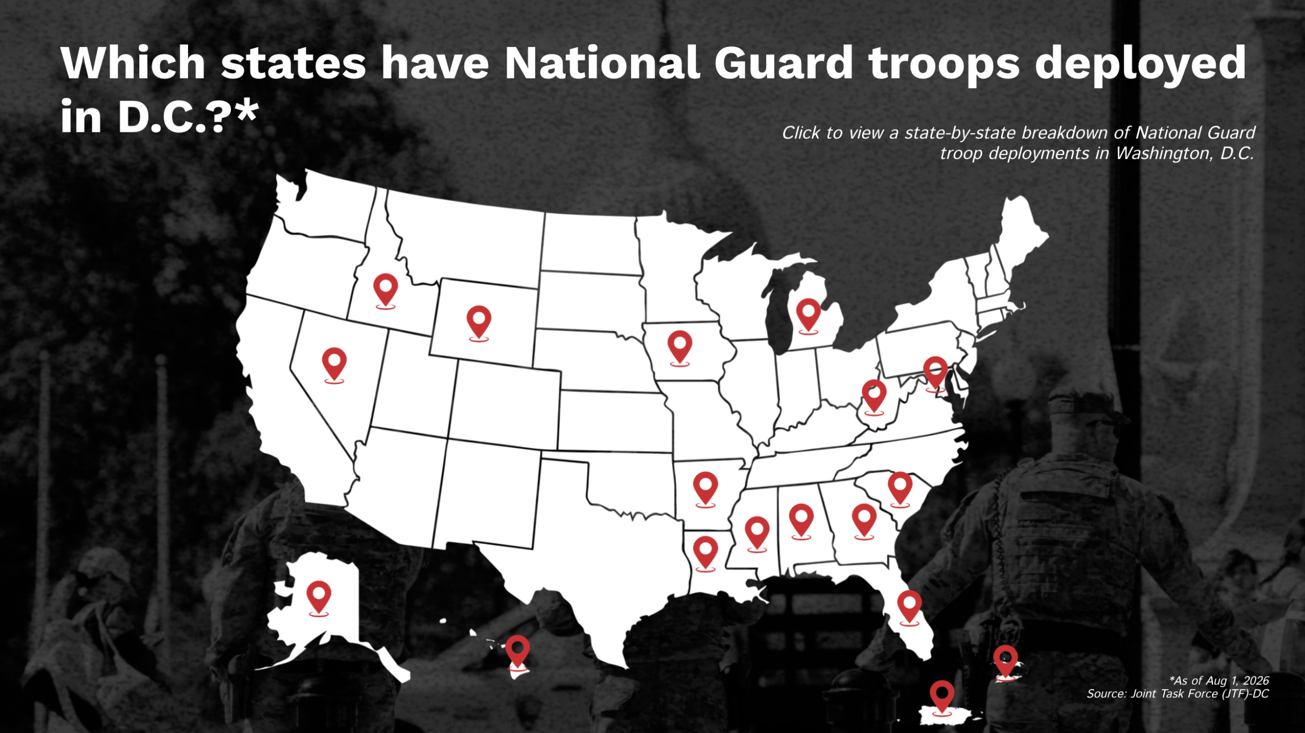 Image showcasing the United states with place pins for every state that has sent national guardsmen into D.C.