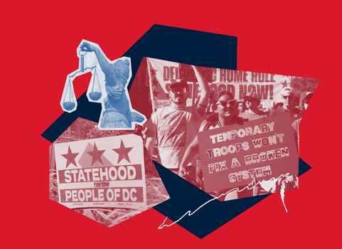 Collage of D.C. protests featuring Lady Justice and signs supporting D.C. statehood and opposing troop deployments.