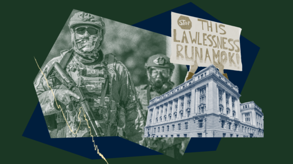 Collage-style graphic featuring two armed military personnel in camouflage uniforms standing in front of layered geometric shapes. In the foreground, a person holds a protest sign reading “STOP THIS LAWLESSNESS RUN A MOK.” A large neoclassical government building appears at the bottom right. The image uses muted green, blue, and gray tones with a dark green background and textured design elements.