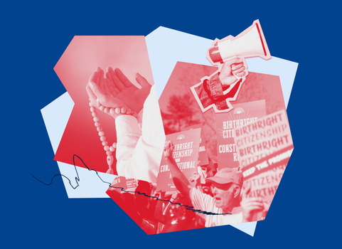 Collage of civil rights demonstrations featuring raised hands, a megaphone, and signs supporting birthright citizenship.