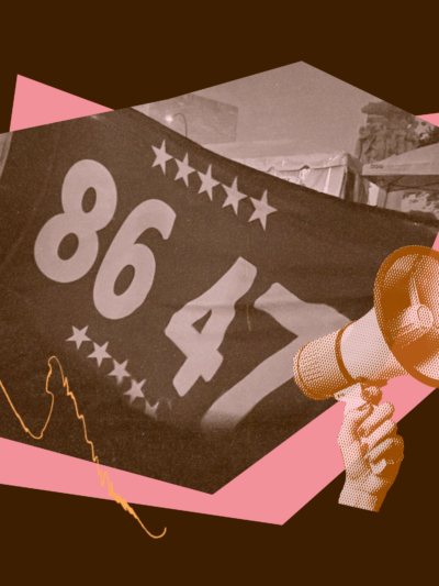 Graphic featuring a stylized black-and-white image of a protest banner displaying “86 47,” overlaid with a megaphone illustration on a brown and pink abstract background.