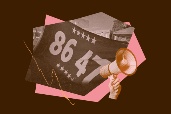 Graphic featuring a stylized black-and-white image of a protest banner displaying “86 47,” overlaid with a megaphone illustration on a brown and pink abstract background.