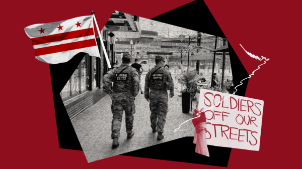 A burgundy background with a collage of images including the Washington D.C. flag, a black and white photo of a national guard soldiers walking the streets of D.C., a protest sign reading "soldiers off our streets," and a fist raised in the air.