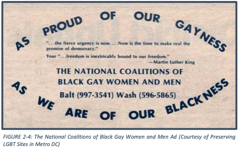 Screenshot of an old ad for the National Coalitions of Black Guy Women and Men. It reads, "As proud of our gayness as we are our Blackness."