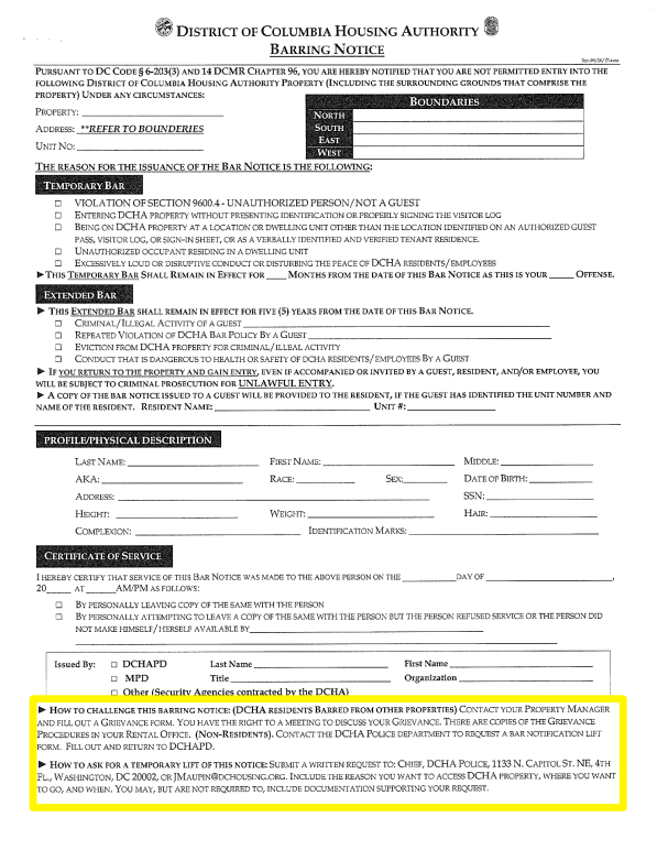 DCHA barring notice 12-2017